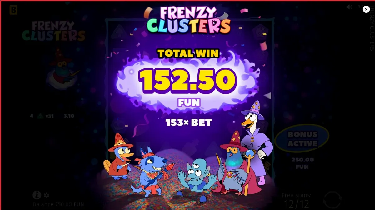 Tampilan visual slot Frenzy Clusters dengan karakter pahlawan dan grid 7x7 yang penuh warna