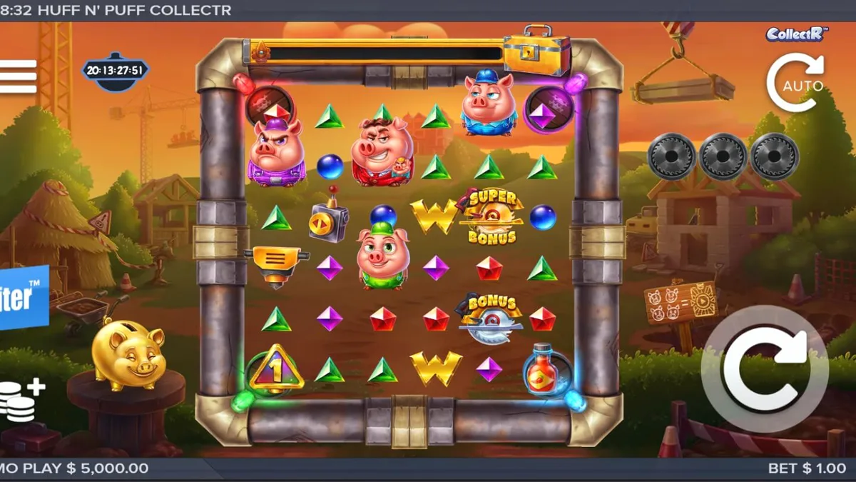 Pemandangan visual slot Huff n Puff CollectR dengan tema babi konstruksi dan serigala.