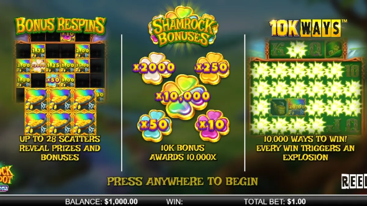 Tampilan visual slot Shamrock Money Pot Big Bang dengan tema Irlandia yang magis