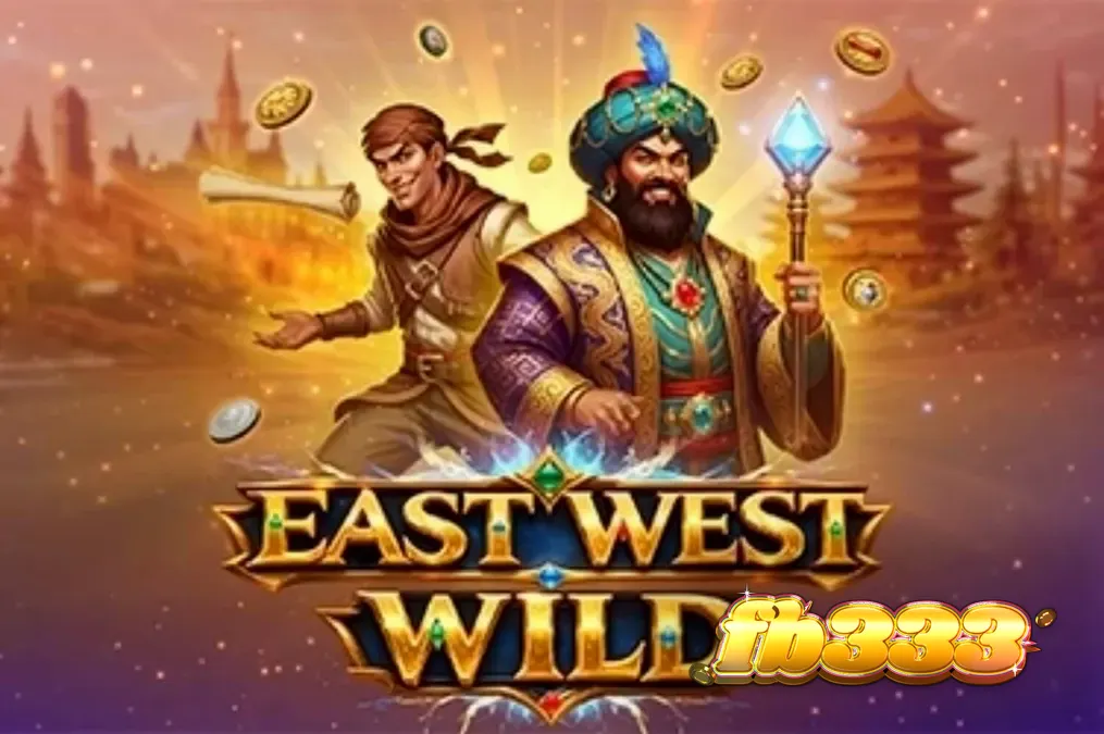 Tampilan visual slot East West Wild dengan latar belakang gurun dan simbol bertema budaya Timur-Barat